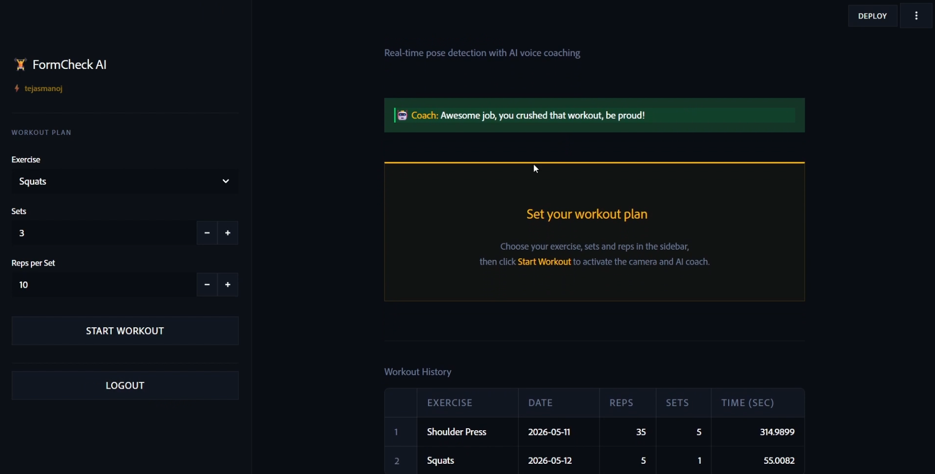 Workout history dashboard